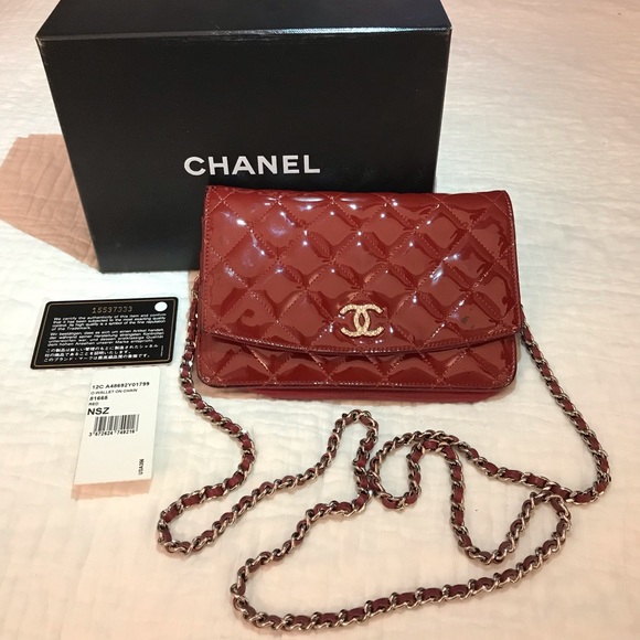 CHANEL Handbags - Chanel Quilted Red Patent Leather Wallet on Chain